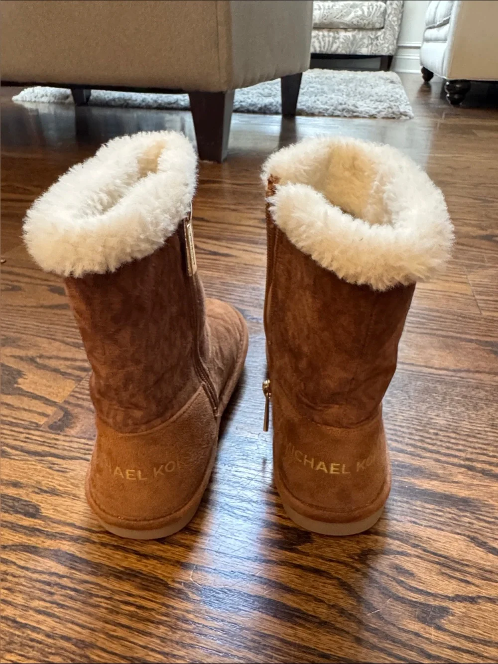 Michael Kors Chestnut Suede Kids Boots with White Faux-Fur Cuff